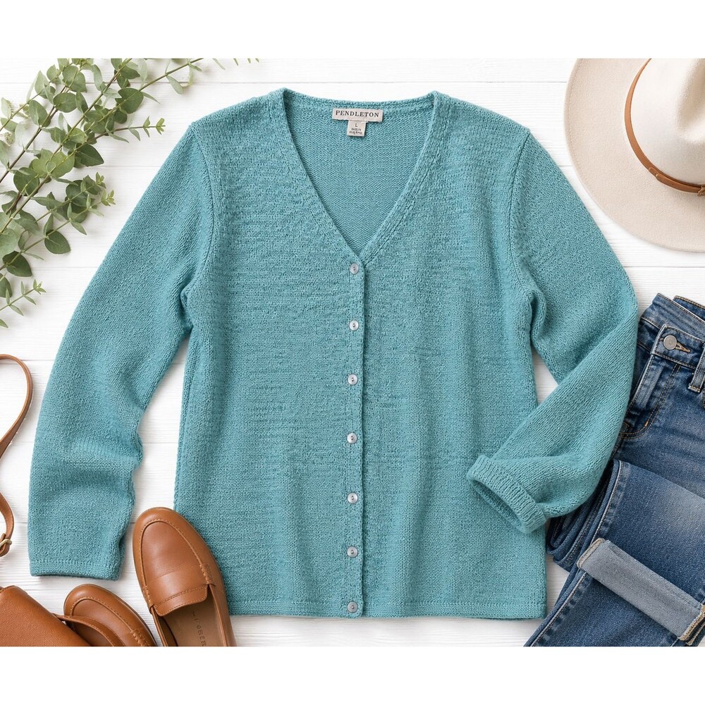 Pendleton Women's Cotton Blend Cardigan Sweater Blue Button Front Size Large